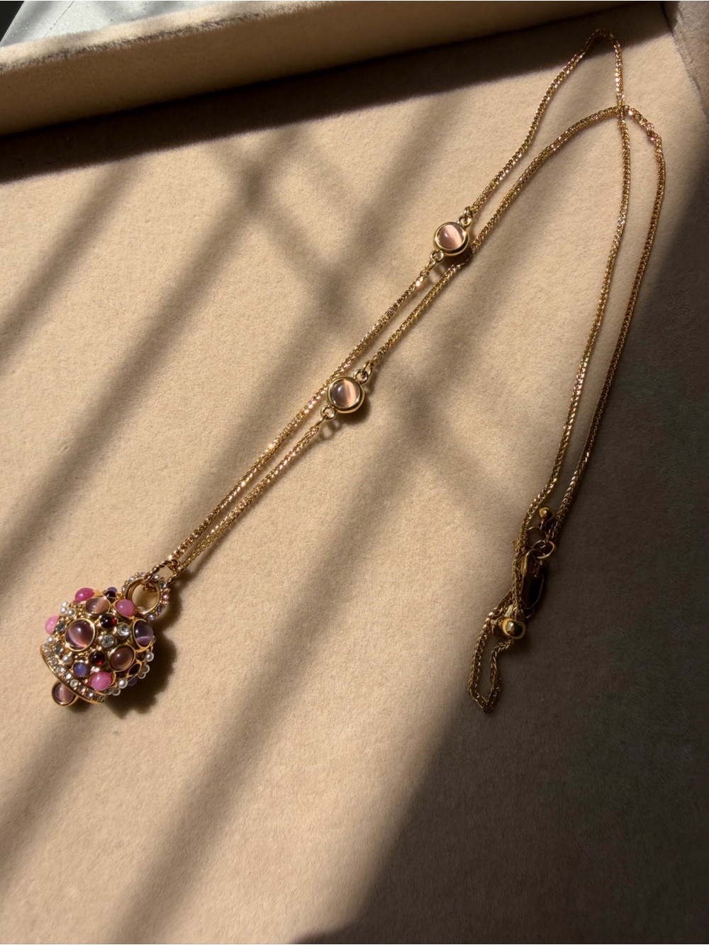 Gold-Tone Necklace with Pink Stone Pendant
